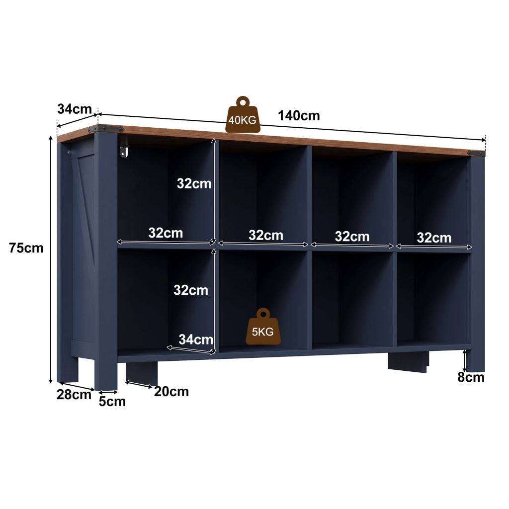 Libreria con 8 vani aperti; per soggiorno e cucina; in MDF blu; 140×34×75 cm