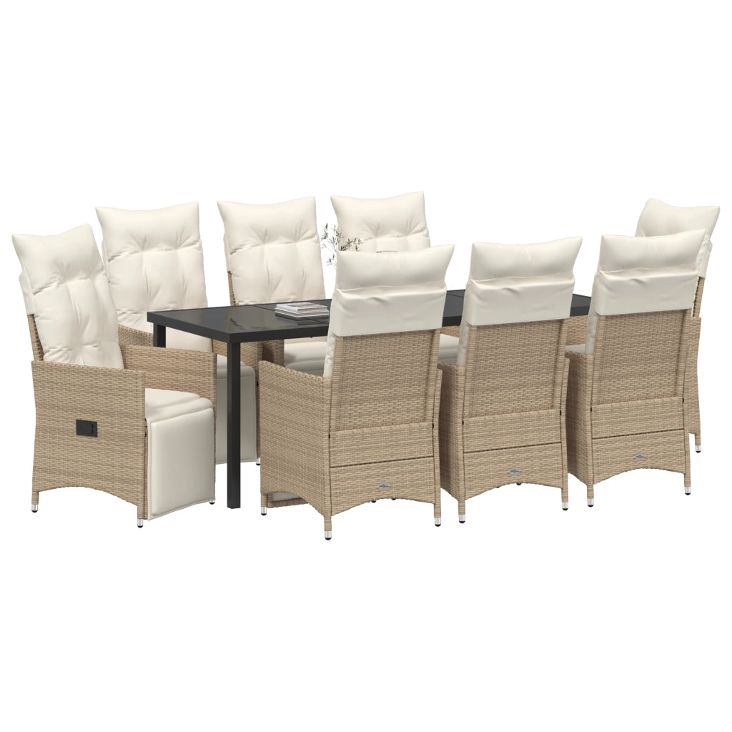 Set da Pranzo da Giardino da 9 Pezzi con Cuscini Beige Rattan Poliestere