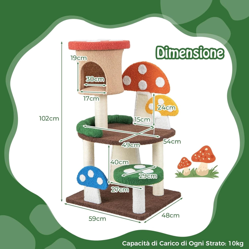 Albero per Gatti a Fungo 4-in-1, Torre Multi-Livello per Gatti con Condo, Piattaforma e Palla a Molla, Centro Attività per Gattini con Pali in Sisal e Tiragraffi