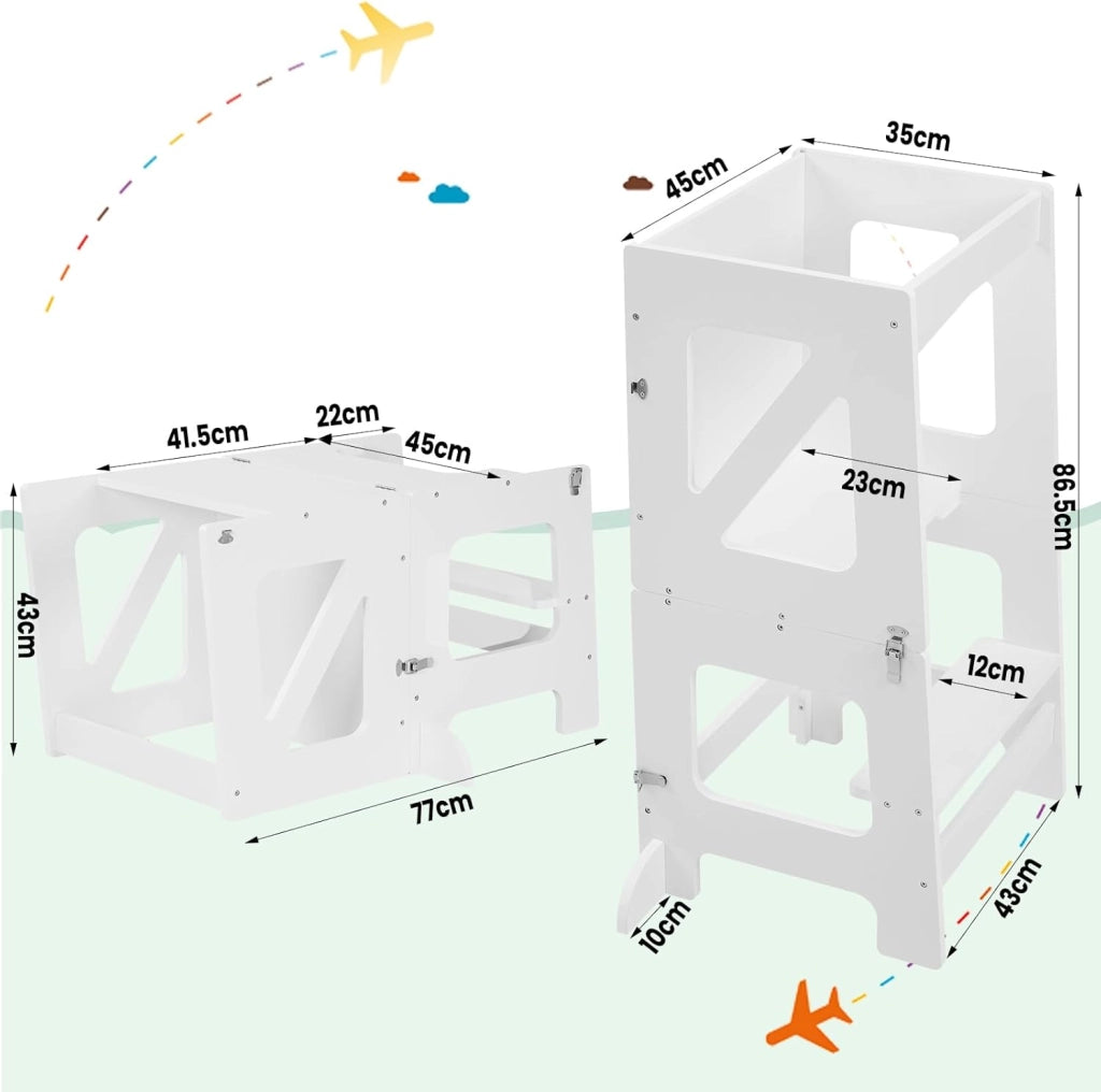 3 in 1 Torre Montessoriana, Scala Montessoriana di Apprendimento, Trasformabile, con Lavagna, Barra Sicurezza, per Bambini di Età Superiore ai 12 Mesi, Bianco