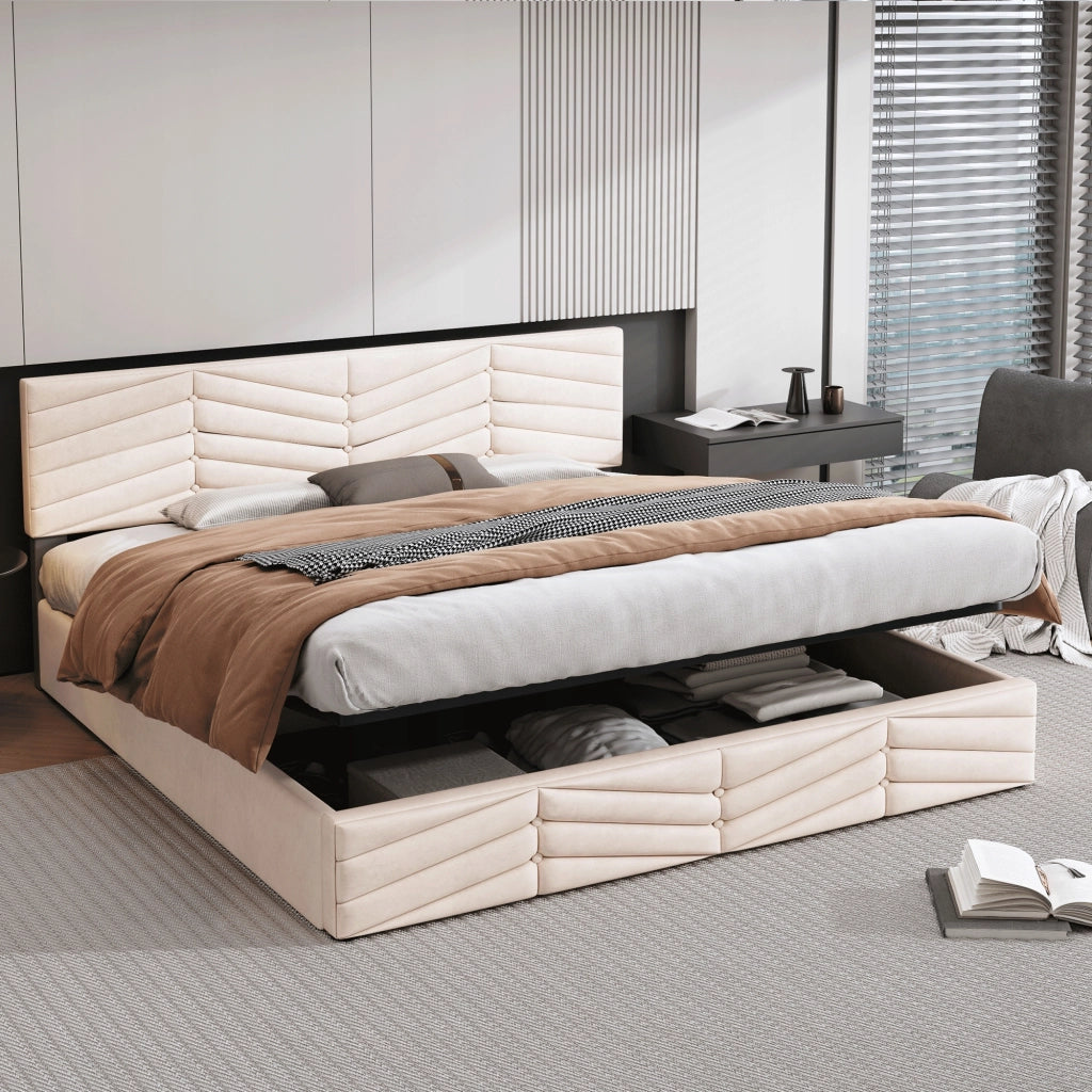 Letto matrimoniale 160x200cm - Xylo - Velluto, Cinghie, Idraulico, Beige
