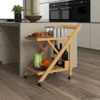 Carrello da Cucina Portavivande Pieghevole a 2 Livelli con Portabottiglie in Legno di Bambù
