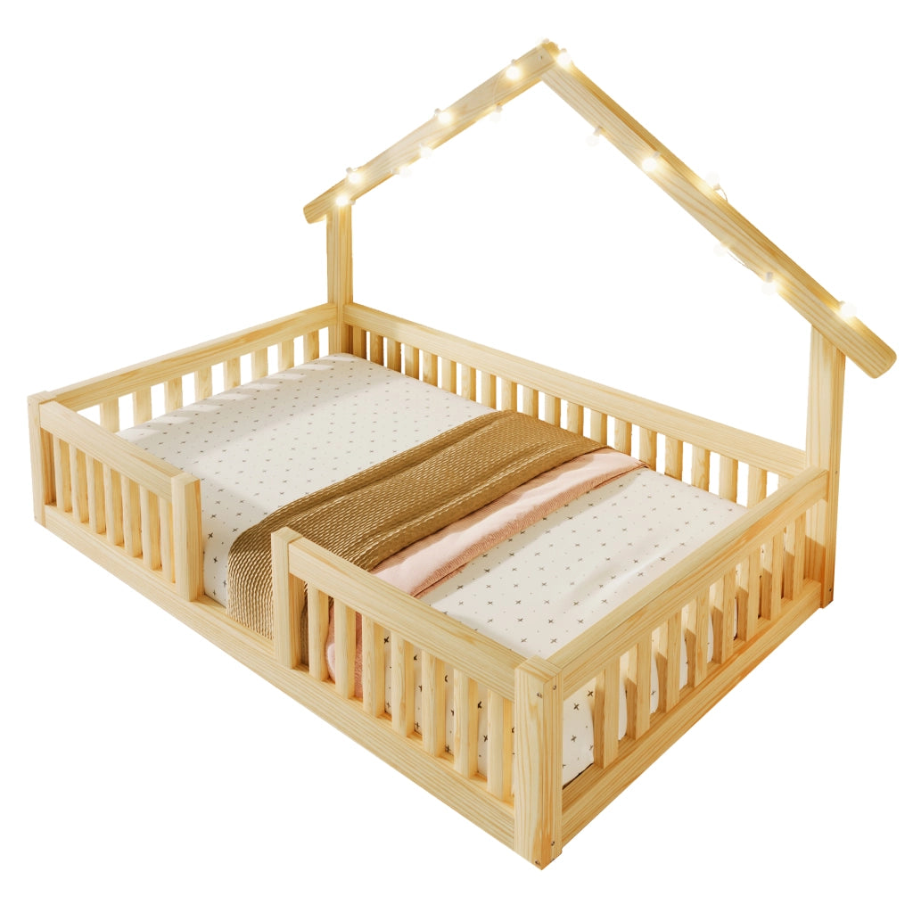 Letto a casetta 90x200 cm in legno naturale con sponde di sicurezza e striscia LED