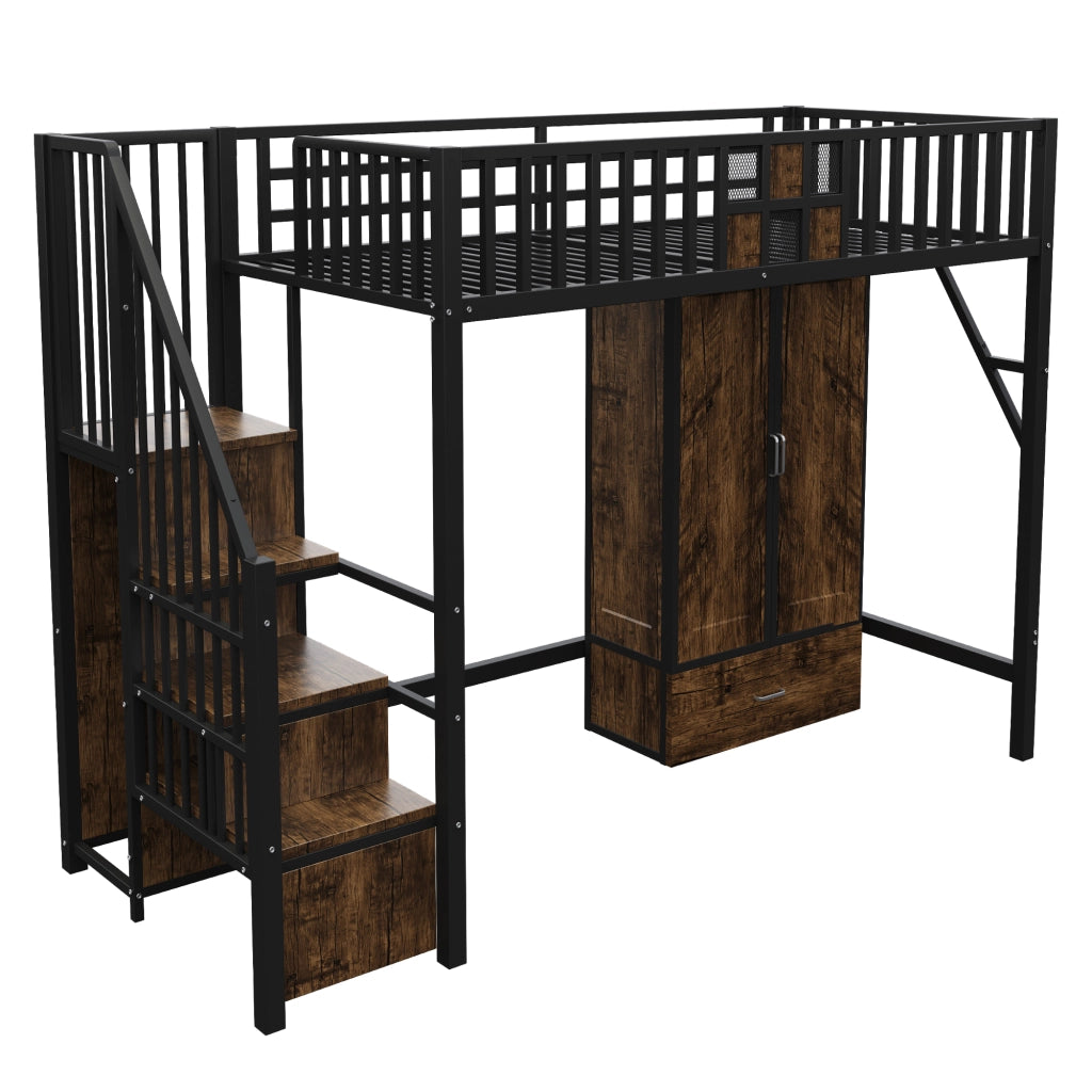 Letto a soppalco in metallo 90 x 200 cm con guardaroba, cassetto e scala contenitore, nero