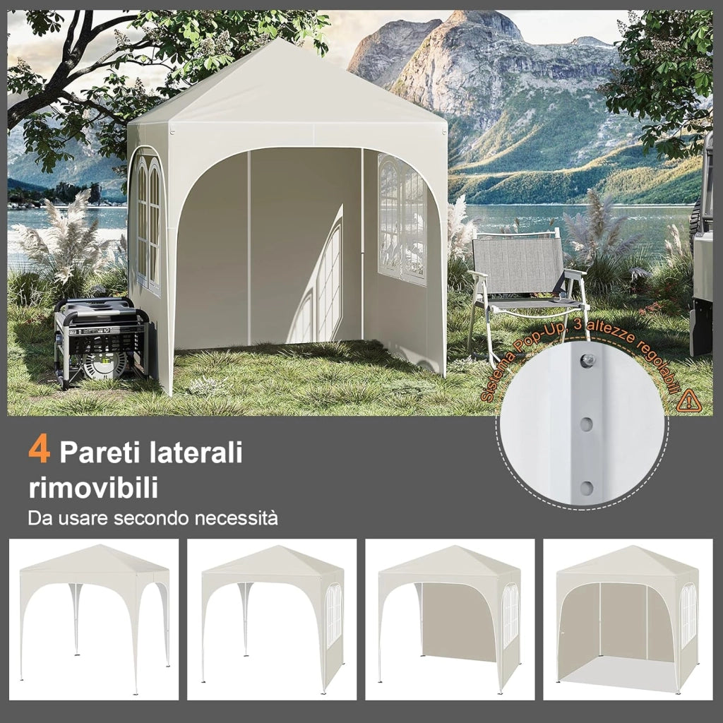 Gazebo Pieghevole 2x2m con 4 Pareti Rimovibili - Protezione Solare UPF 50+, Struttura Metallica Anti-Vento, 3 Regolazioni Altezza, Tendone da Giardino/Campeggio/Spiaggia - Beige