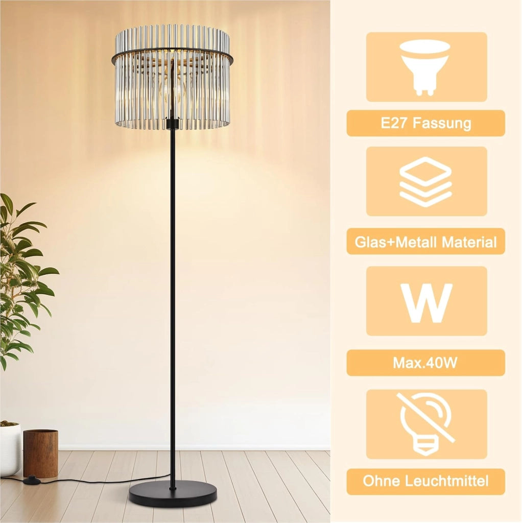 ZMH Lampada da terra vetro nero E27 154cm interruttore pedale moderno per camera letto cameretta ufficio