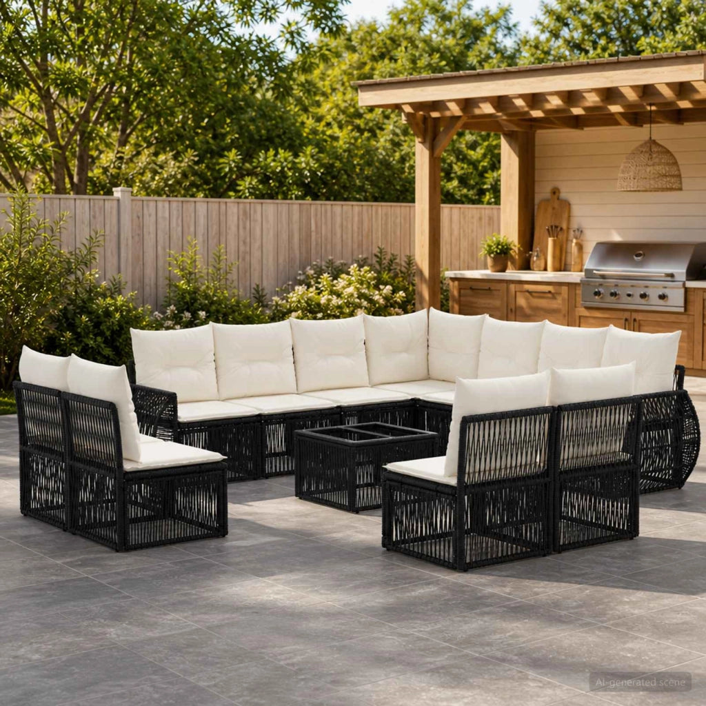 Set Divano da Giardino 12 pz Nero e Bianco Crema polyrattan 3435454