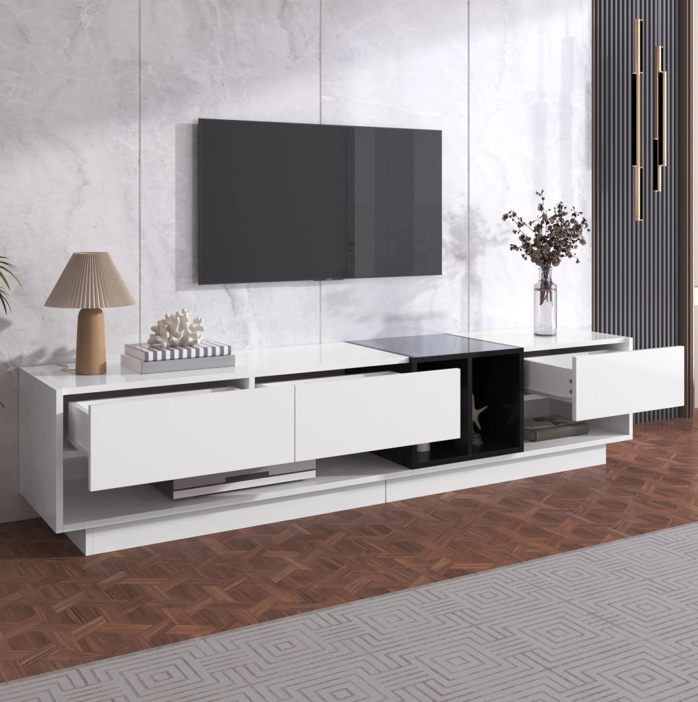 Mobile TV Lowboard in MDF con finitura lucida bianco e nero, 190x40x42 cm, con cassetti e scomparti