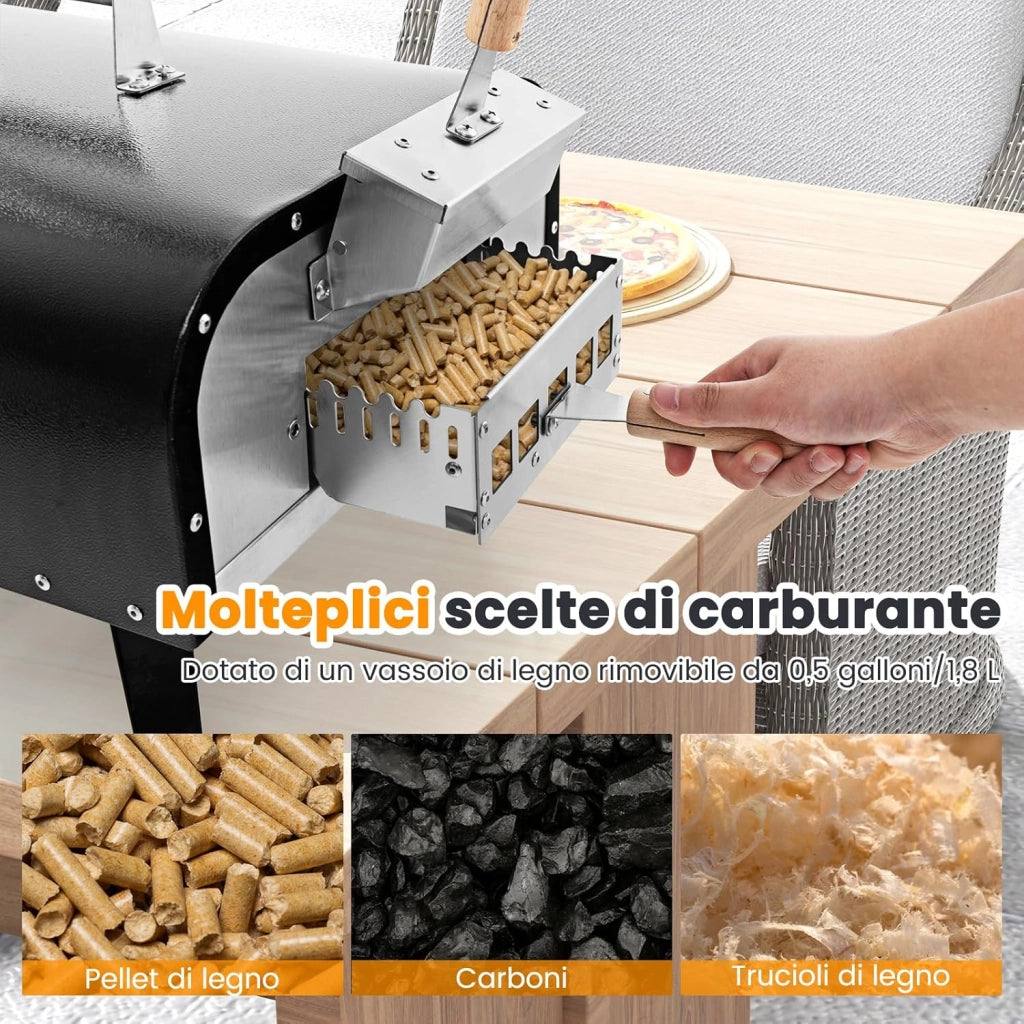 Forno per Pizza Portatile, Forno da Esterno con Pietra per Pizza Rotante a 360°, in Acciaio Inossidabile a 3 Strati con Termometro e Borsa da Trasporto, Nero e Argento