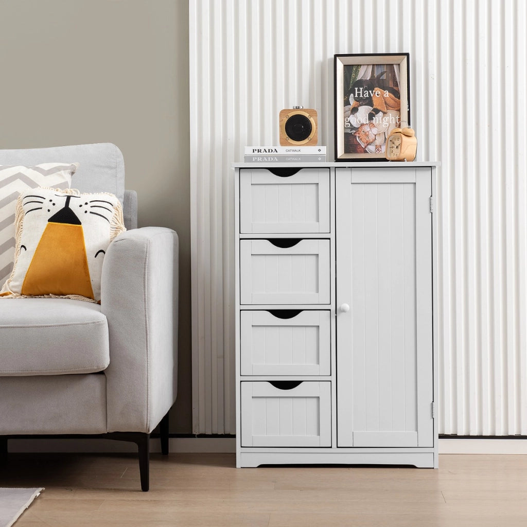 Mobiletto per bagno con 4 cassetti 1 anta ripiano regolabile, Mobile multiuso da terra in legno 56x30x82cm Bianco-Armadietti da bagno