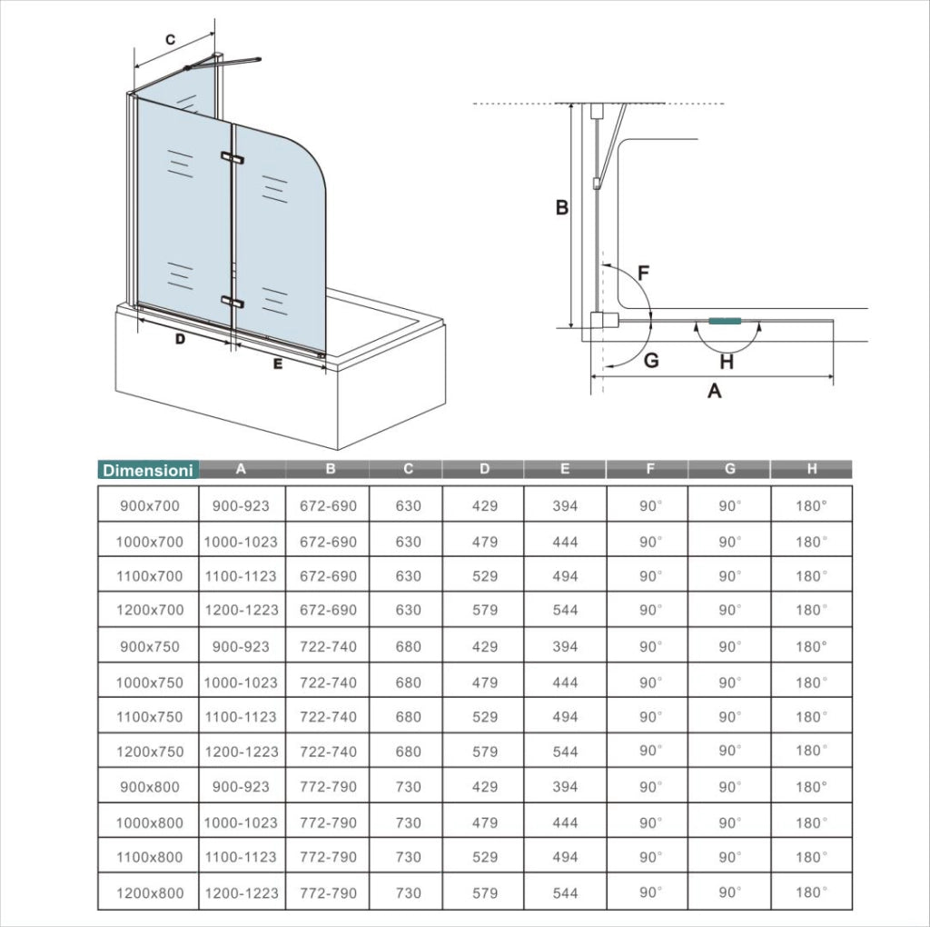 H.140 cm Sopravasca da Bagno Doccia con Parete Fissa 90x80 cm Due Ante Pieghevoli a Libro Vetro Temperato Trasparente 6 mm Anticalcare Cromo Lucido