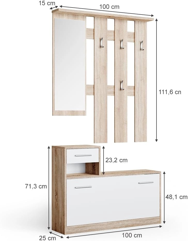 Armadio da ingresso Billy, Bianco/Sonoma, 25 x 191 cm, con cassetto estraibile e scarpiera pieghevole