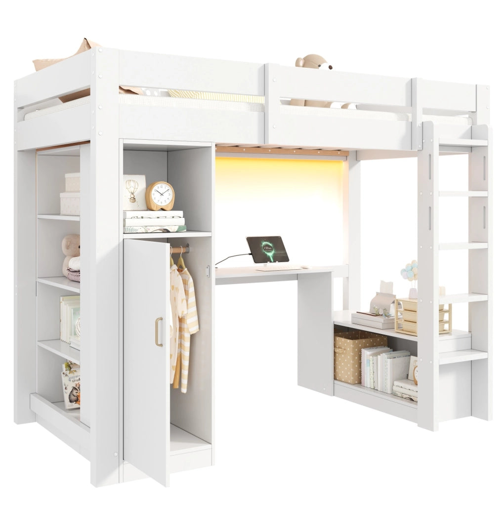 Letto a soppalco 90x200 cm con scrivania; armadio; ripiani e LED; bianco