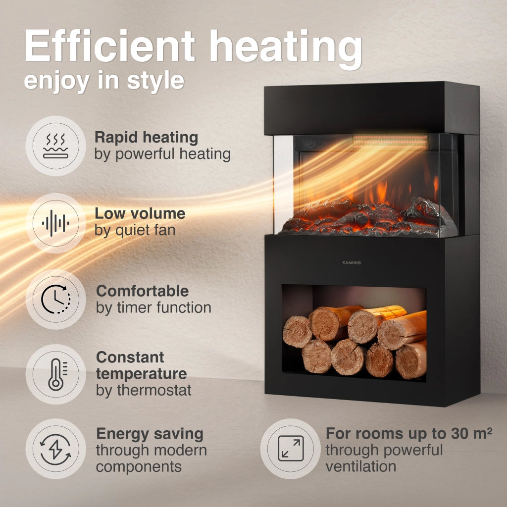 KAMINIO Camino elettrico HENRI - Stufa elettrica con riscaldamento, effetto fiamma 3D, luce ambiente a LED, scomparto de legno, telecomando - Nero
