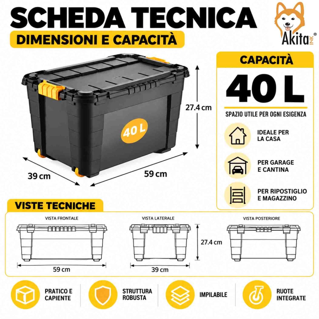 Akitaink Contenitore Box 40L Magic 4UP aperture con Ruote Nero