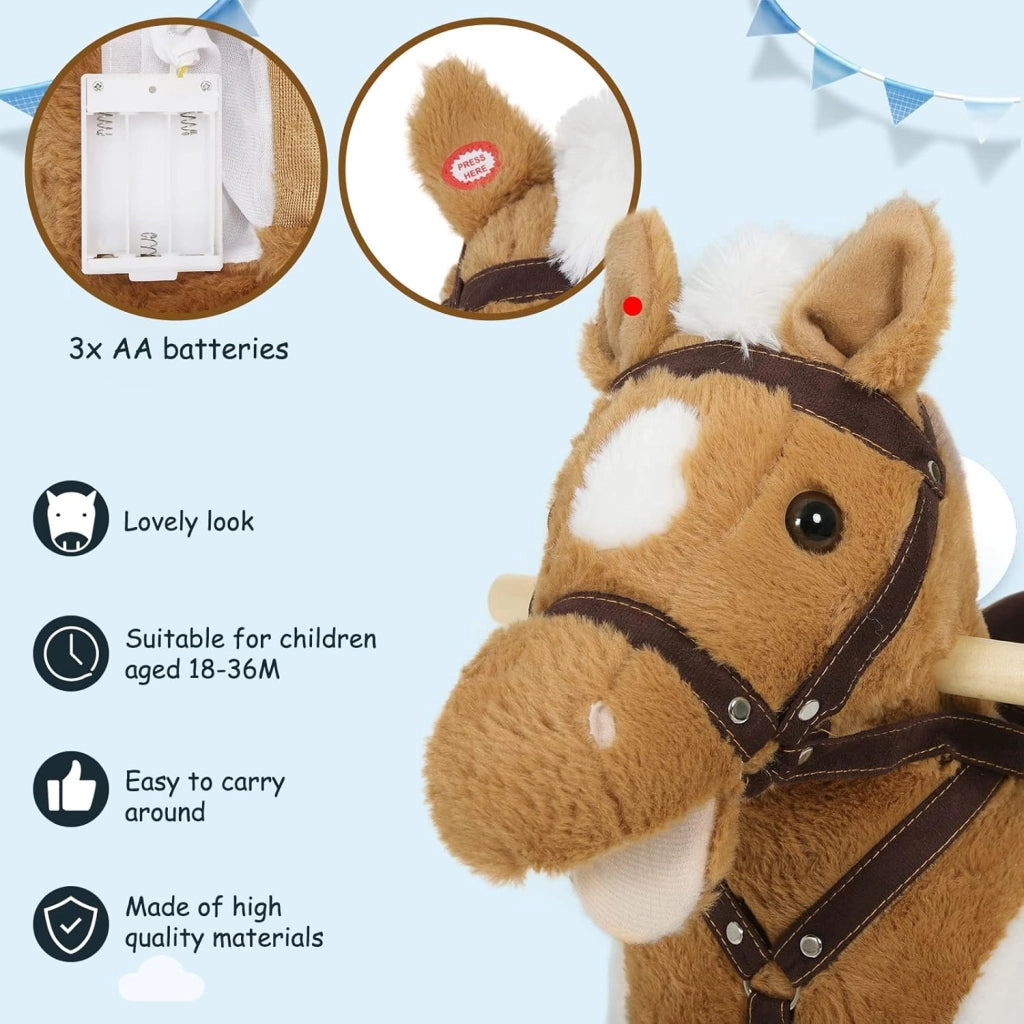 Cavallo a Dondolo in Legno per Bambini, Cavalluccio Cavalcabile in Peluche con Suoni, Giocattolo Regalo per Bimbi 1/2/3 Anni, Marrone e Bianco