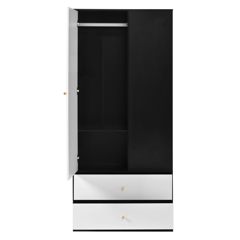 Armadio bianco e nero con specchio, 1 anta, 2 cassetti e 4 ripiani, 80x40x180 cm