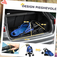 Passeggino Cani Gatto Carrozzina con Guinzaglio e cestino Blu 4 Ruote