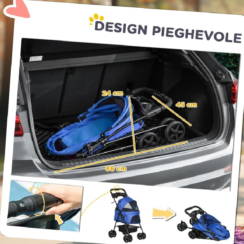 Passeggino Cani Gatto Carrozzina con Guinzaglio e cestino Blu 4 Ruote