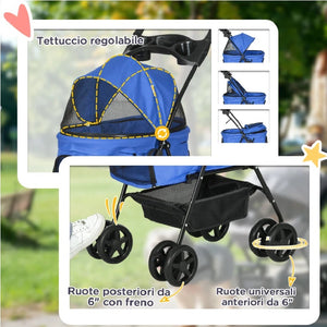 Passeggino Cani Gatto Carrozzina con Guinzaglio e cestino Blu 4 Ruote