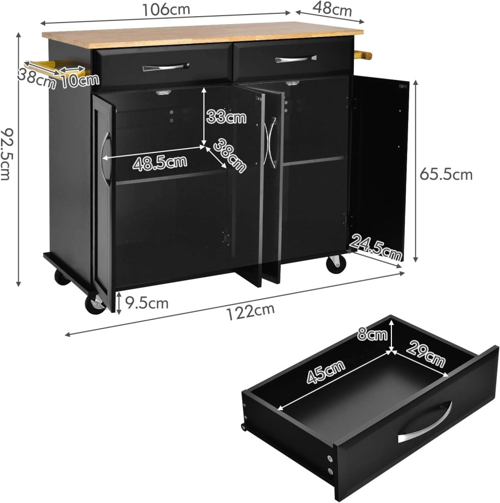 Carrello da cucina con piano di lavoro in legno di gomma con 2 armadi e ripiani regolabili, 2 cassetti grandi, portasciugamani laterali, armadio con ruote, 122 x 48 x 92,5 cm (nero)