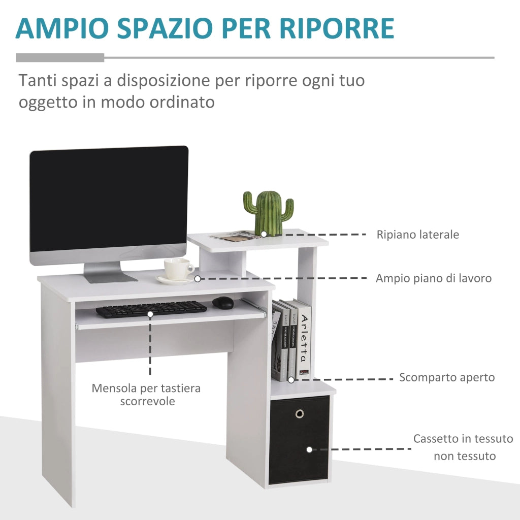 Scrivania Moderna con Mensola per Tastiera e Cassetto in Tessuto 100x40x86,6 cm  Bianco e Nero