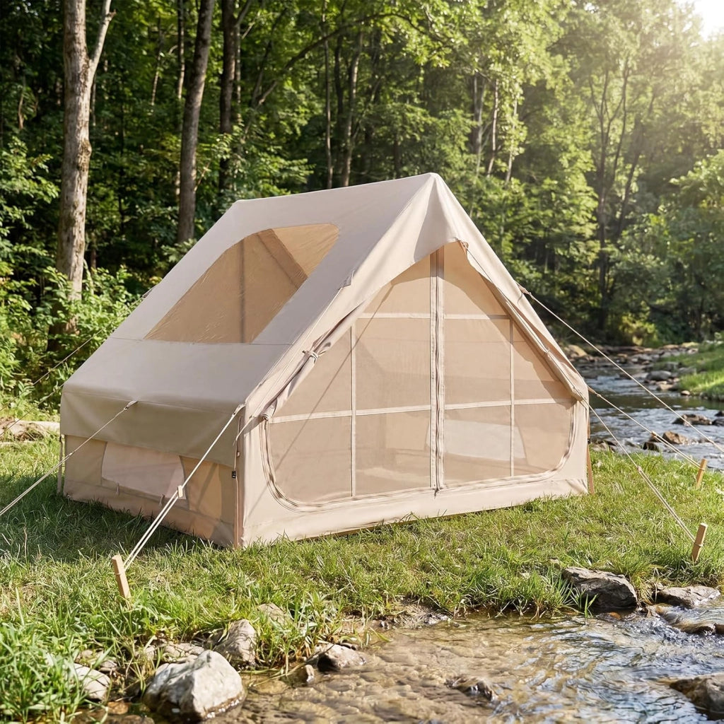 Tenda da Campeggio Gonfiabile, Tenda da Esterno in Tessuto Oxford Impermeabile con Porte, Finestre, Pompa e Borsa da Trasporto per 4 Persone, per Viaggi e Escursionie, 295 x 205 x 200 cm