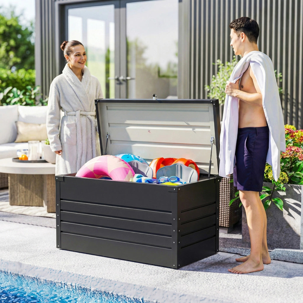 Box da giardino in metallo 350L ¨C Xylo ¨C doppia parete, coperchio impermeabile, chiusura, grigio 120x61x62cm