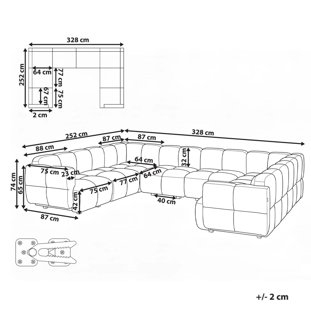 Divano modulare a forma di U in tessuto beige, set componibile da otto elementi, divano modulare in stile moderno