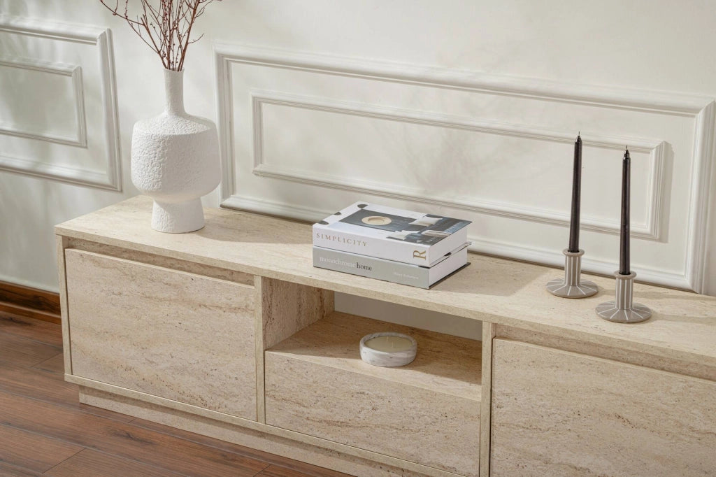 Mobile porta TV Morrigan, Credenza da soggiorno, Armadio basso per TV, Base parete attrezzata, 160x30 h42 cm, Beige
