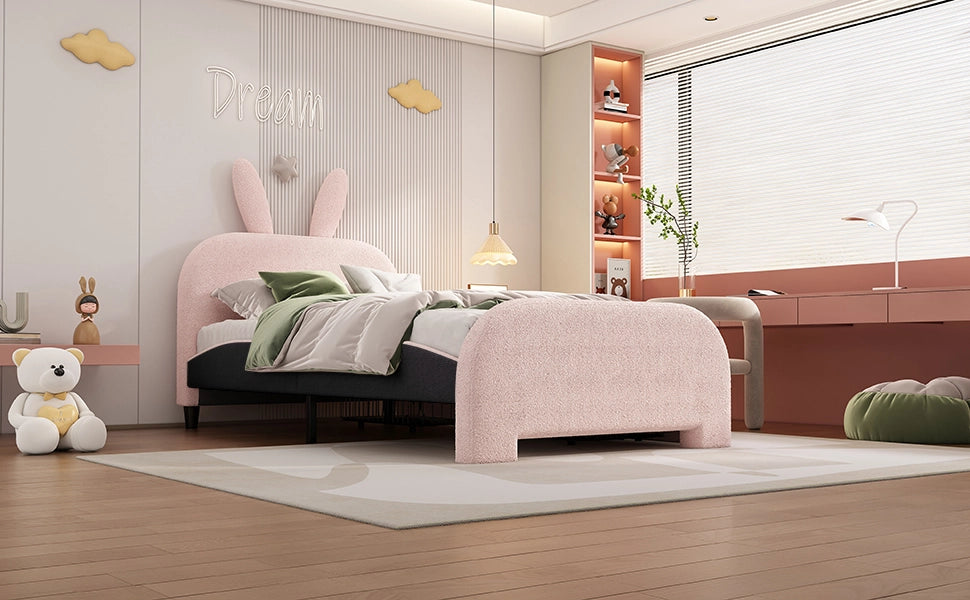 DESMIU Letto per bambini 90 × 200 cm 1 posto con 2 cassetti e testiera a coniglio, senza materasso, in peluche, rosa