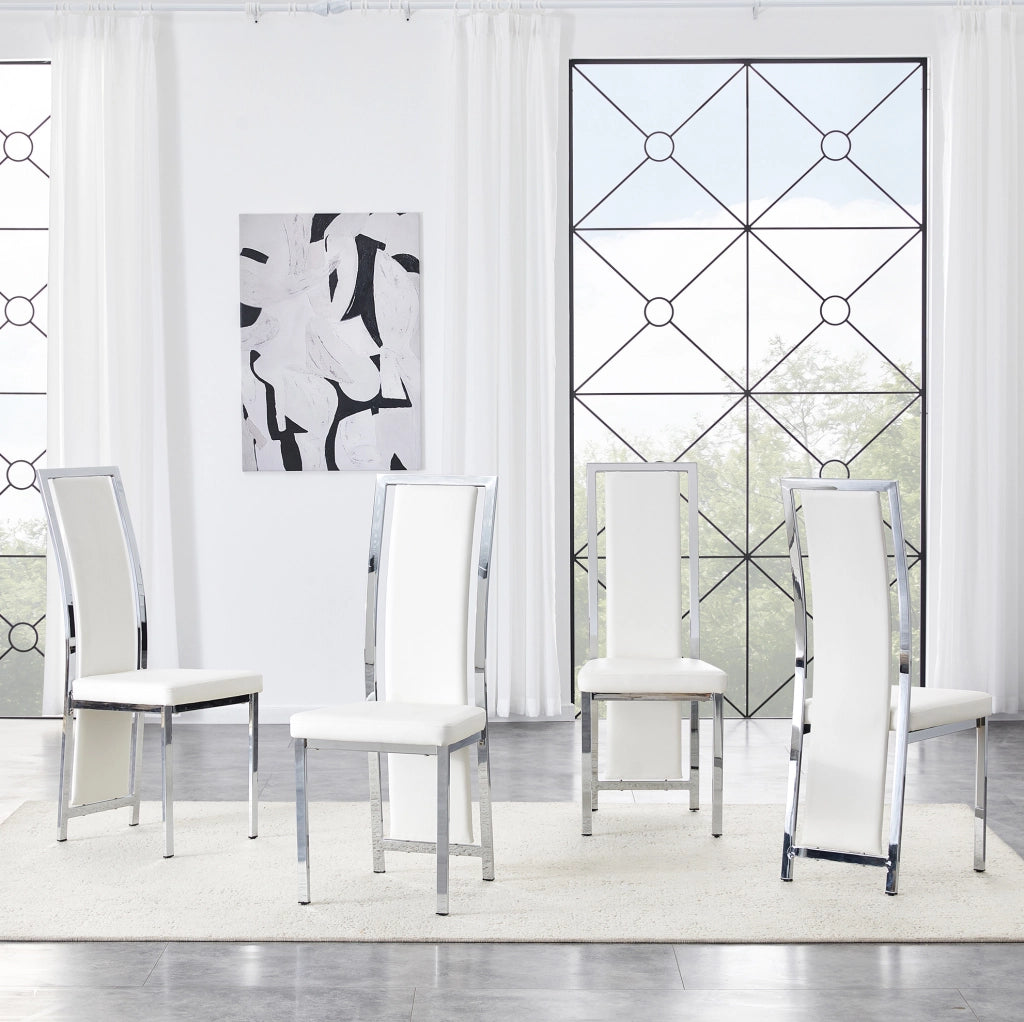 Set 4 sedie da pranzo moderne con schienale alto; 109 cm; in PU bianco e metallo argento