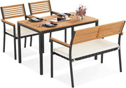 Tavolo da Giardino con 2 Sedie e Panca con Foro per Ombrellone e Cuscino Morbid, Set Pranzo da Giardino Ergonomico in Legno di Acacia, Design Impilabile, Set Salotto per Esterno da Balcone