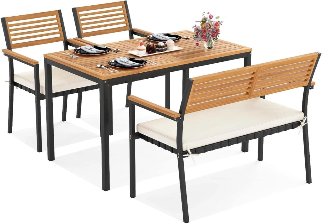 Tavolo da Giardino con 2 Sedie e Panca con Foro per Ombrellone e Cuscino Morbid, Set Pranzo da Giardino Ergonomico in Legno di Acacia, Design Impilabile, Set Salotto per Esterno da Balcone