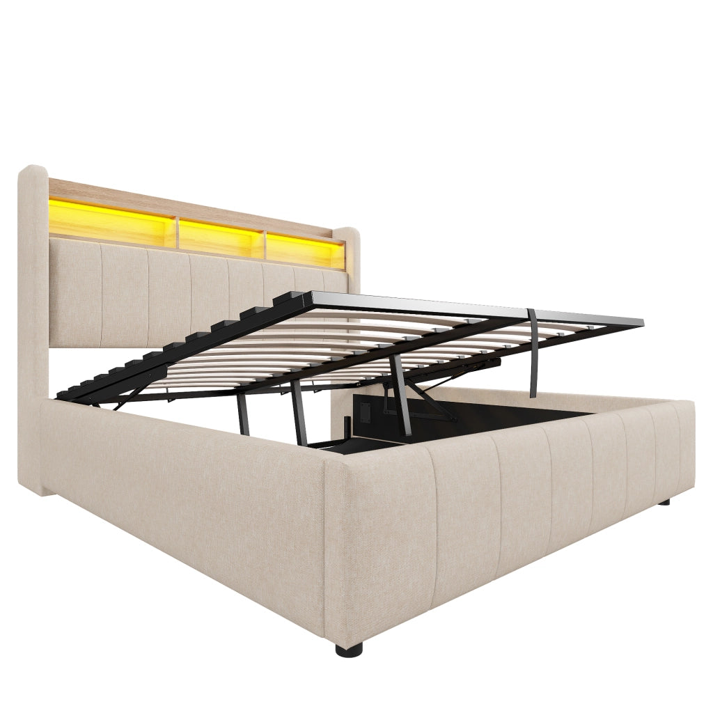 Letti contenitori 140x200 cm; LED e contenitore; lino beige