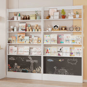 Libreria doppia salvaspazio da 100x10x180 cm, bianca, con lavagna nera, protezione antiribaltamento