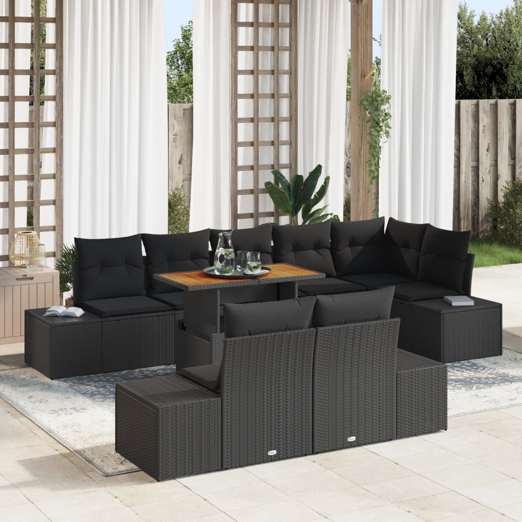 Set da Pranzo Giardino 9 Pezzi Cuscini Nero Polyrattan Acacia