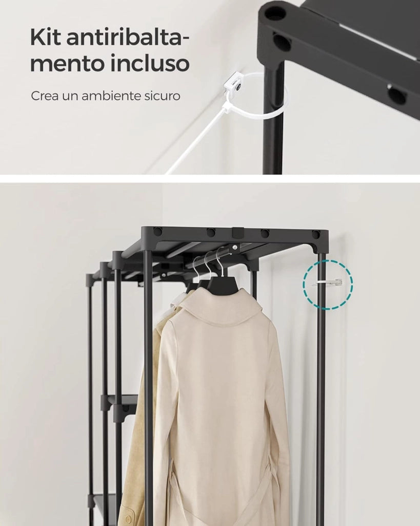 SONGMICS Armadio, Guardaroba Autoportante, con Barre Appendiabiti, Portabiti Ripiani in Tessuto, Struttura in Metallo, 182 x 43 x 182 cm, Nero Inchiostro RYG037B02