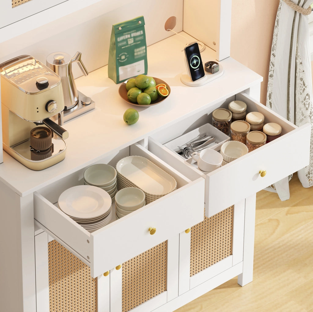 Mobile cucina alto 100x40x180 cm in MDF bianco con LED RGB; prese e cassetti