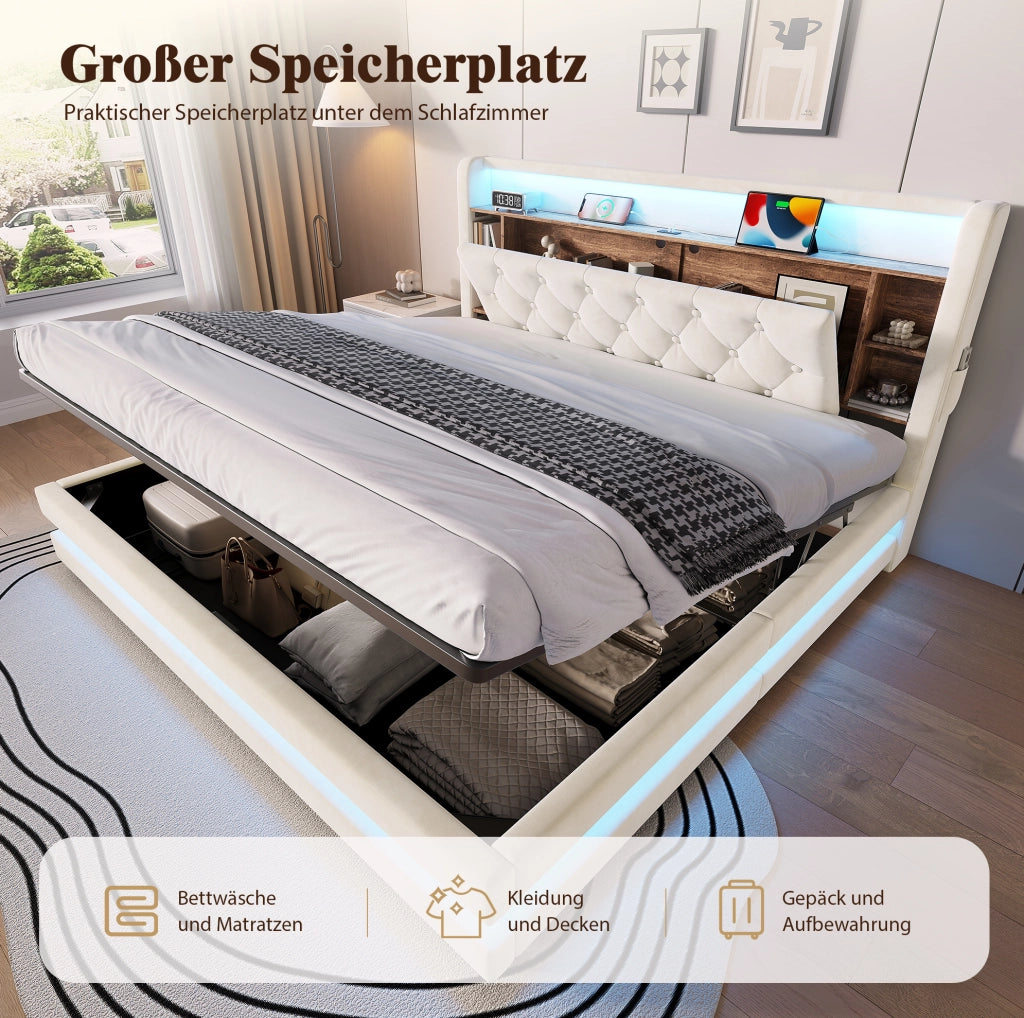 Letto imbottito beige 180x200 cm con LED, USB-C e contenitore