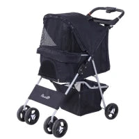 Passeggino per Cani Piccoli Pieghevole, Carrozzina per Cani con Ruote con Freni, Portabicchieri, Cestino Portaoggetti, 3 Finestre e Ruote Anteriori a 360°, per Animali Domestici 10 kg, Nero