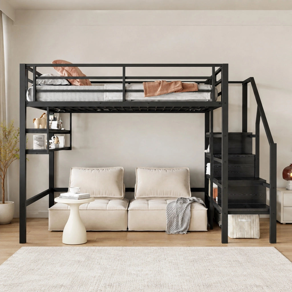 LETTO a soppalco 140x200 cm in metallo nero con ripiani e scala contenitore