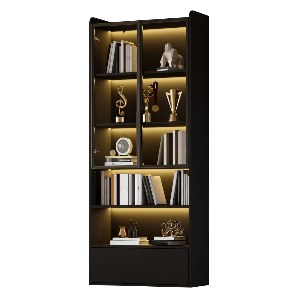 Vetrina alta con LED, 1 cassetto e 6 vani, ante in vetro, in MDF, per soggiorno, nero, 80 × 34 × 180 cm