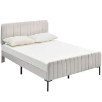 Letto Matrimoniale Moderno con Testiera Regolabile e Rete a Doghe, Imbottita in Lino, 209x165x101-107 cm, Grigio-Beige