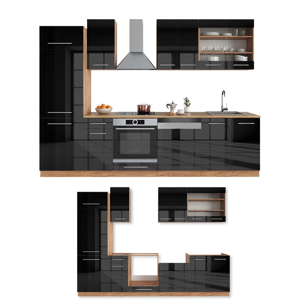 Cucina componibile Fame-Line Antracite lucido/Rovere dorato 300 cm senza piano di lavoro Vicco