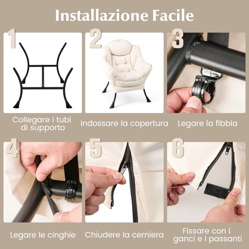 Poltrona Pigra con Poggiapiedi, Poltrona da Lettura Moderna con Cuscino, Braccioli, Poltrona d'Accento per Soggiorno, Camera da Letto, Ufficio e Esterno (beige)