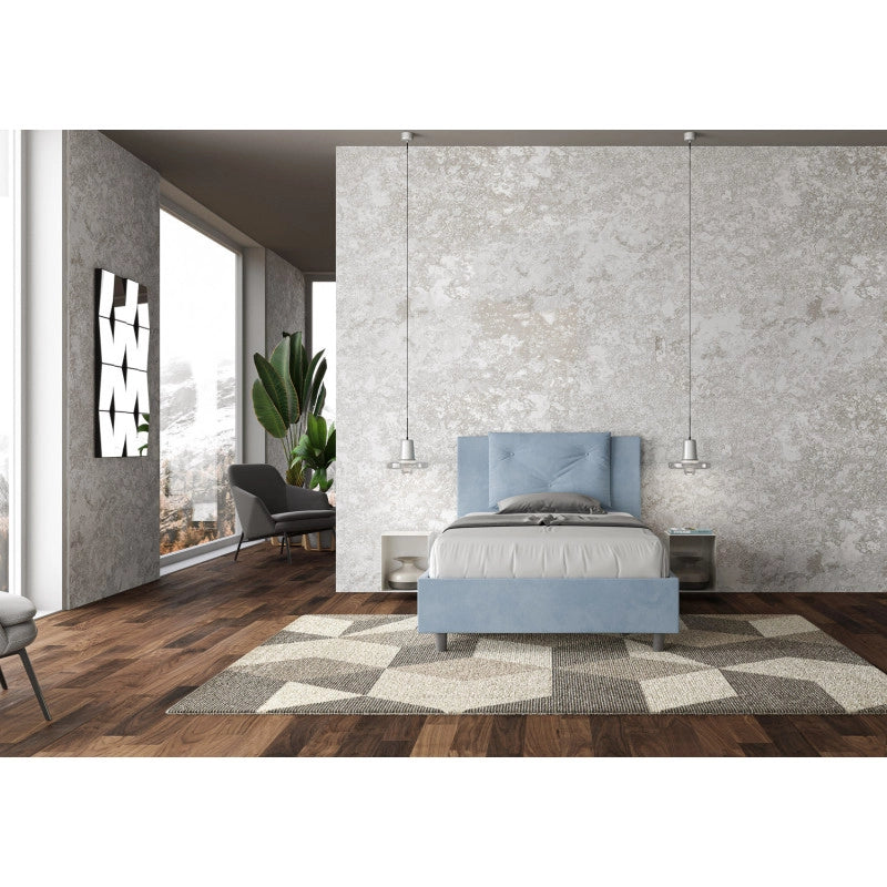 Letto imbottito Piazza e mezzo 110x210 cm Appia - Con rete,Microfibra,Azzurro