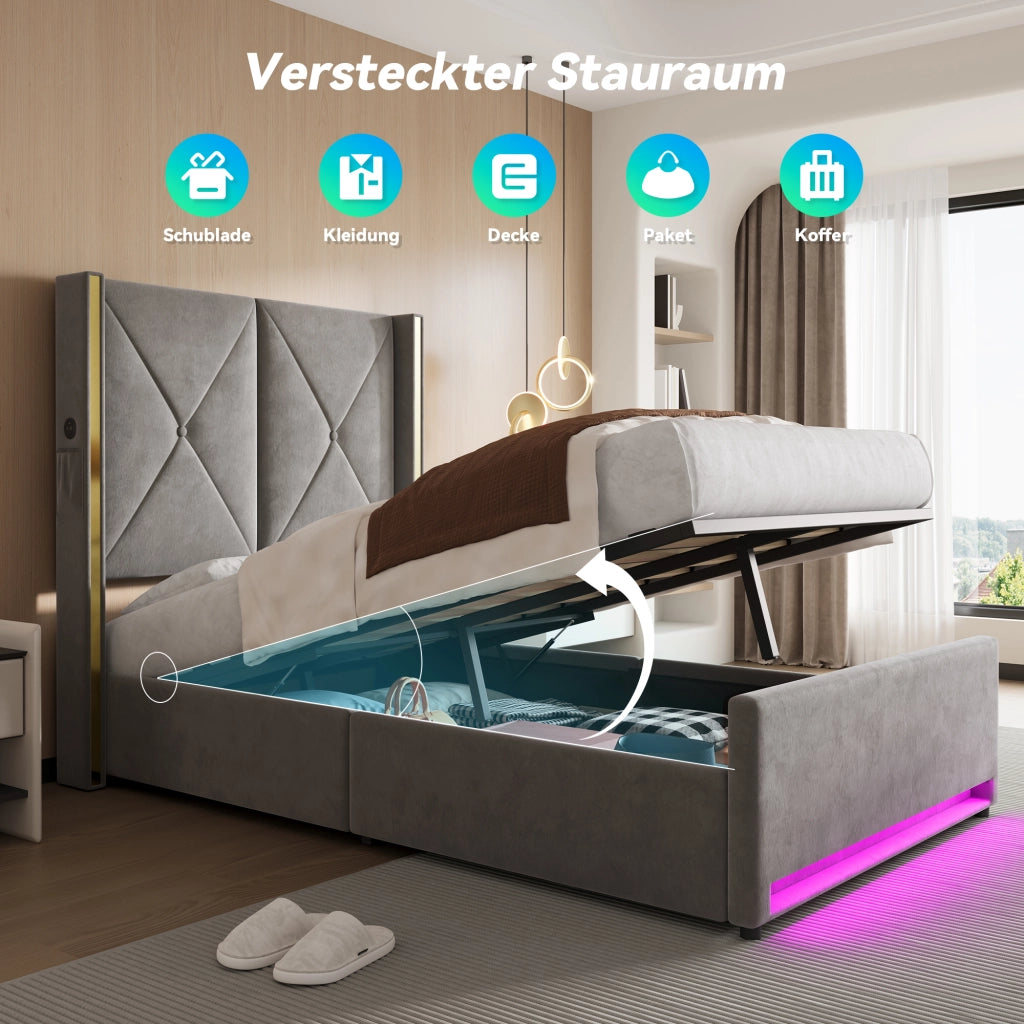 LETTO Contenitore 90x200 cm in velluto grigio scuro con USB, LED e tasche laterali