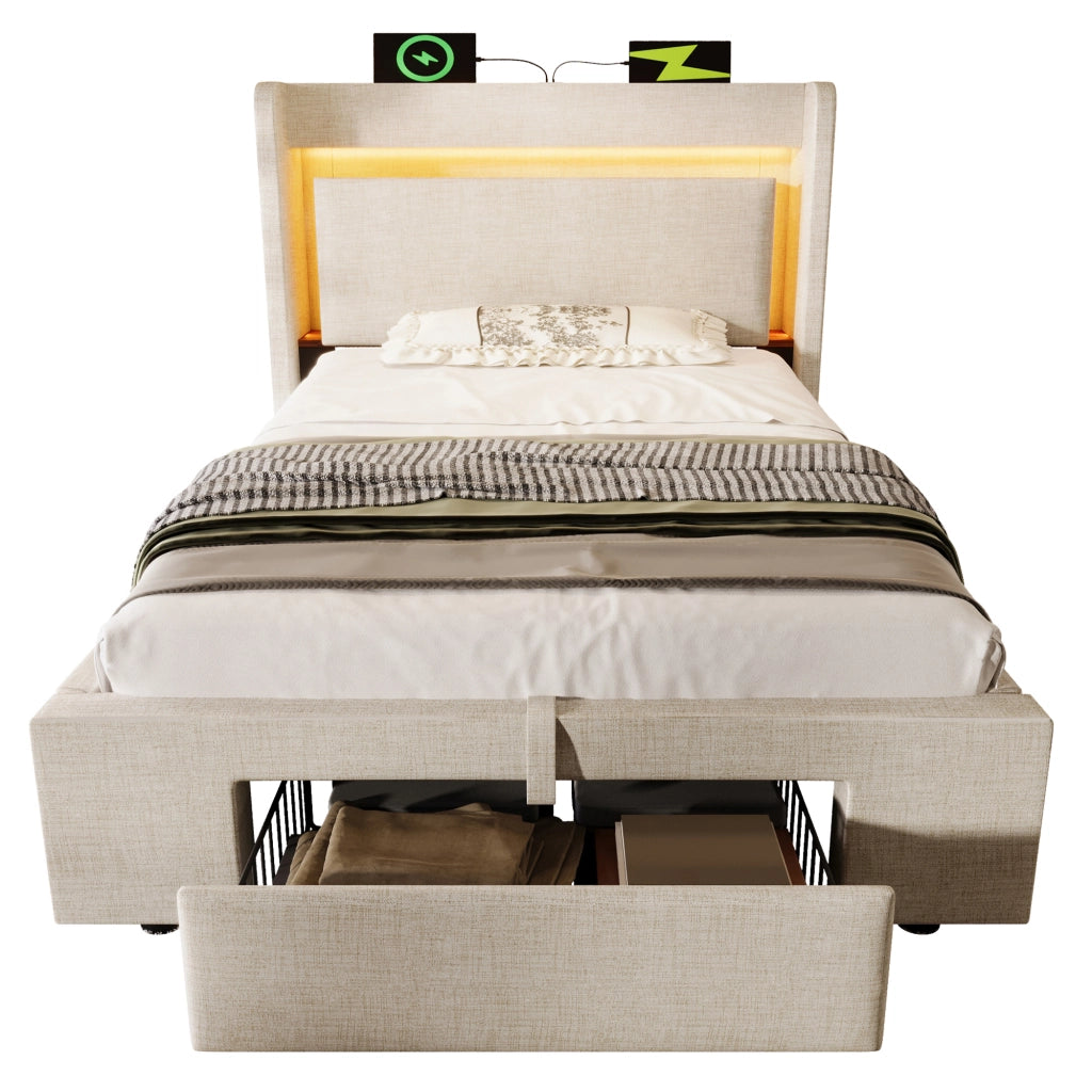 Letto Contenitore 90x200 cm - USB; Type-C; LED Regolabile e Cassetto - in Lino - Beige