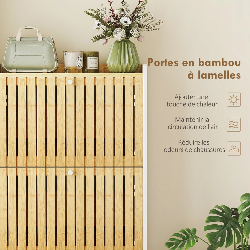 Scarpiera con cassetti e ante in bamb¨´ ¨C Zephmum ¨C Bianco e legno naturale 60x24x118cm